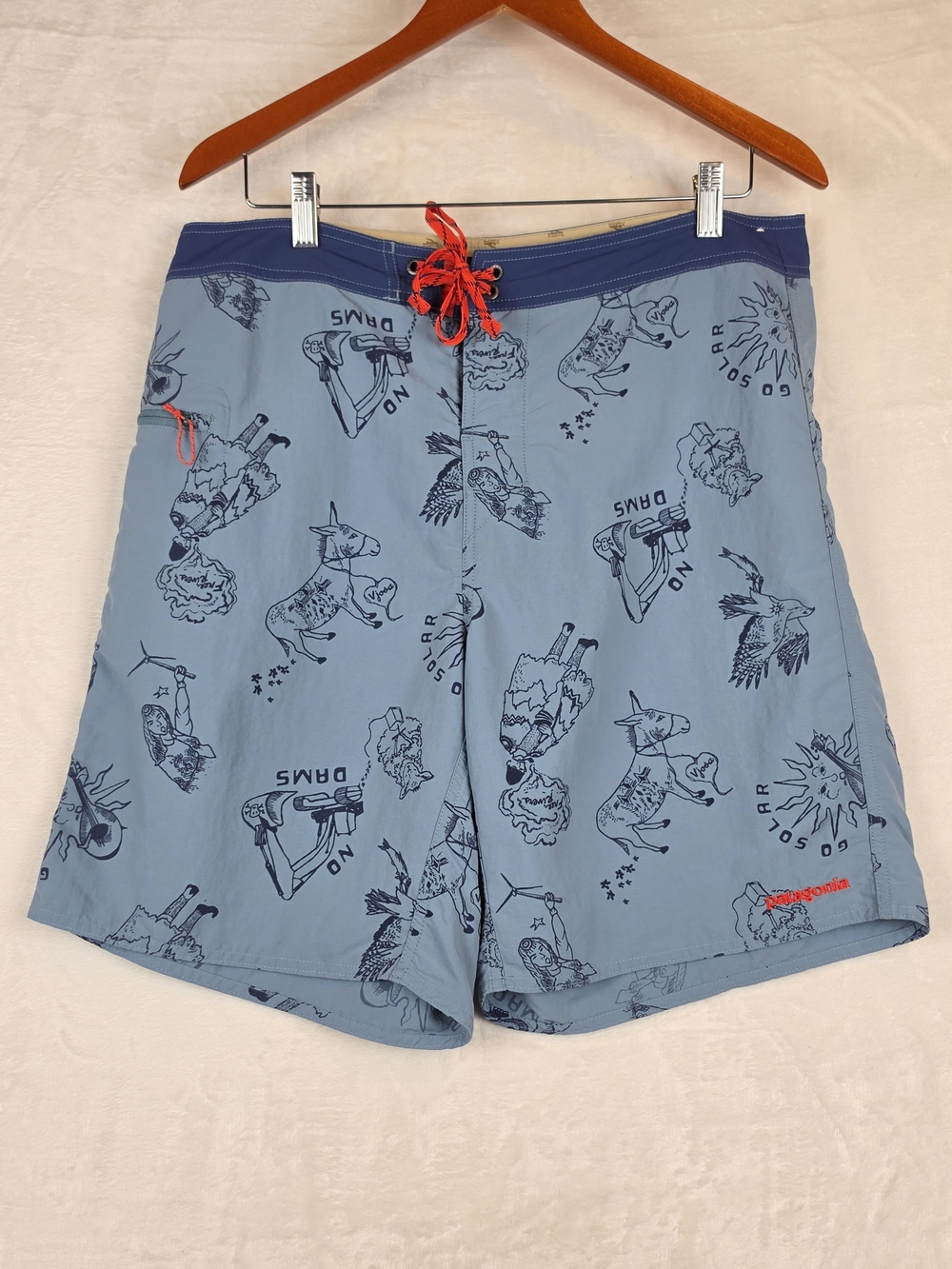 Patagonia Wavefarer Board Shorts Mens 35 Go Solar No Dams Free Rivers Print
